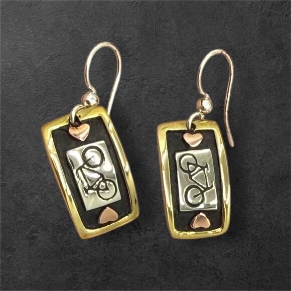 Far Fetched Bicycle Dangle Earrings Rectangle Artisan Crafted Silver Plated - Picture 2 of 5
